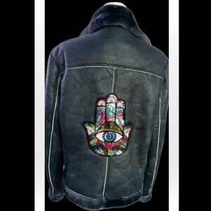 ROBERT PHILLIPE | S | Faux Fur Navy Sequin Moto Biker Asymmetrical Zip Jacket